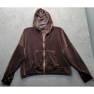 Truth by Republic Velour Hoodie Womens XL Brown Crop Long Sleeve Stretch Zip Up